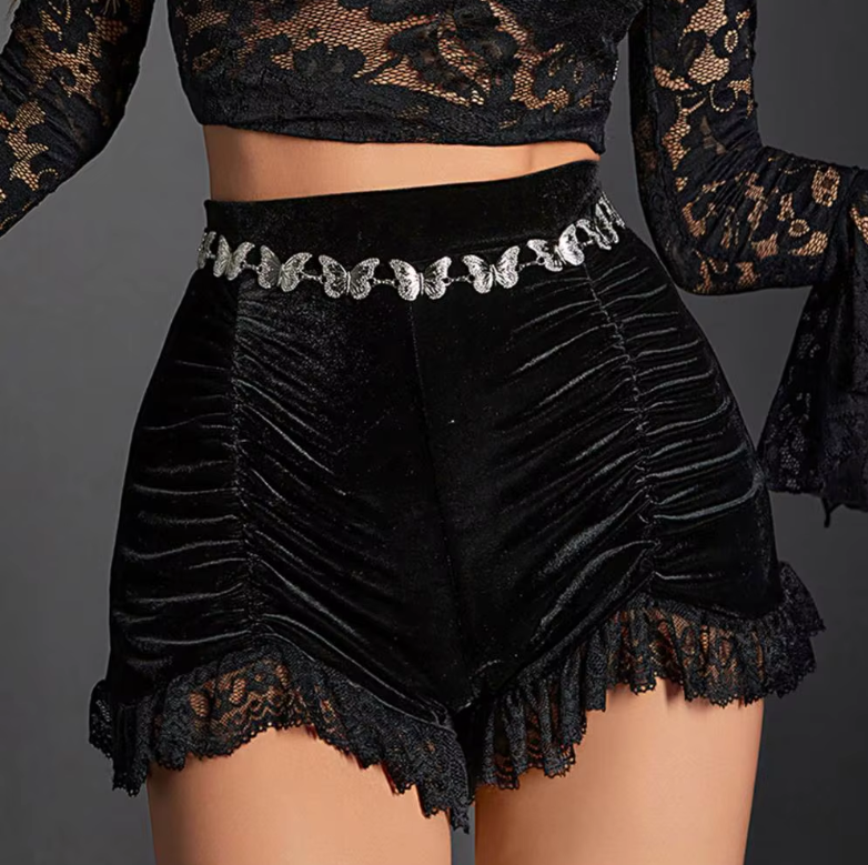 Black Velvet Lace Frill Ruched Shorts