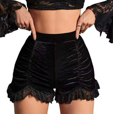 Black Velvet Lace Frill Ruched Shorts