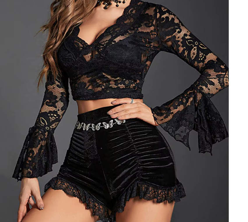 Black Velvet Lace Frill Ruched Shorts