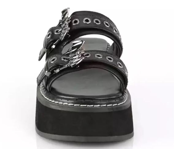 Schwarze Plateau-Slider-Sandalen mit Fledermausdetail