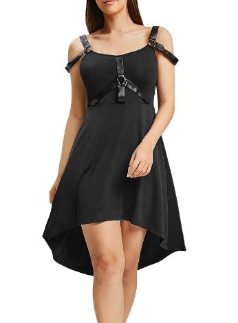 PU Strap Detail Irregular Hem Slip Dress