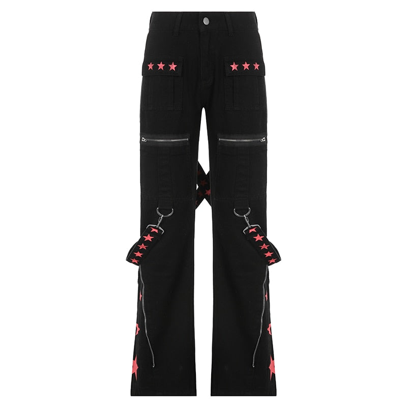 Pantalones de combate utilitarios negros y rojos con correas