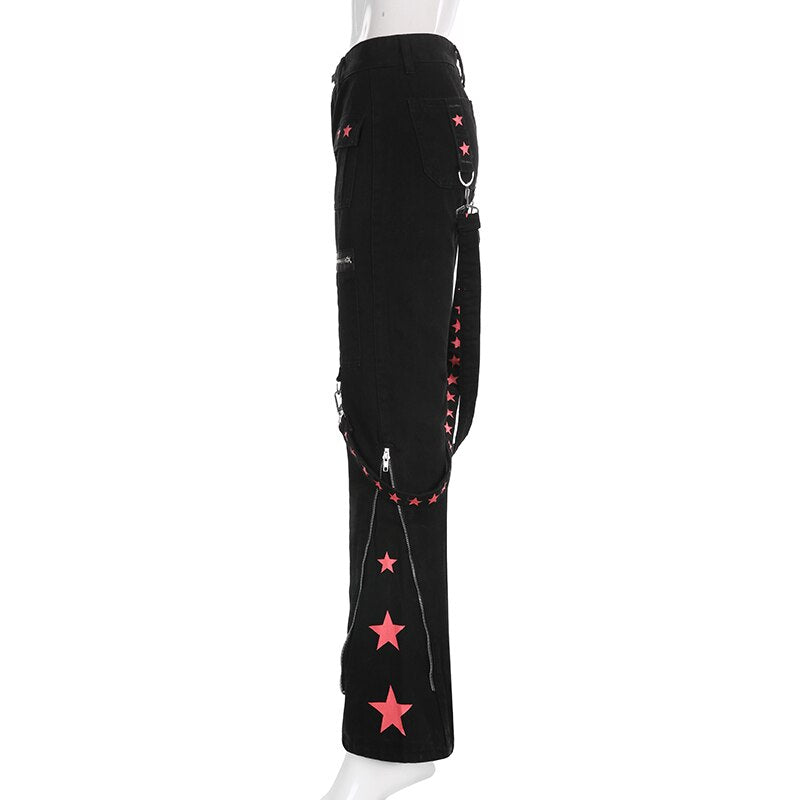 Pantalones de combate utilitarios negros y rojos con correas