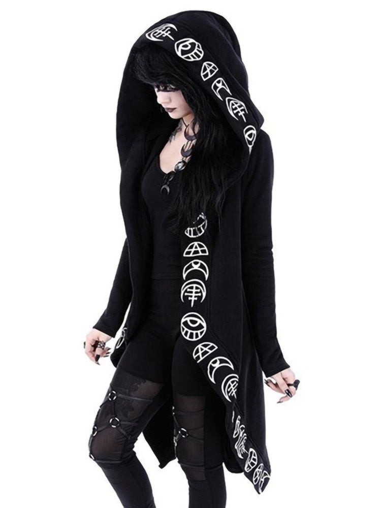 Schwarzer offener Cardigan mit Mondphasen-Kapuze
