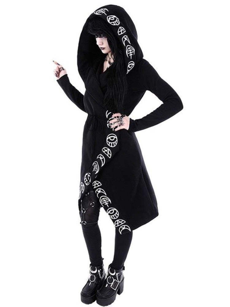 Schwarzer offener Cardigan mit Mondphasen-Kapuze