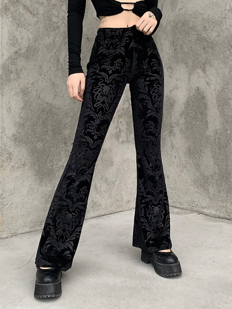 Black Velvet Brocade Print Flared Trousers – GothicIndividual