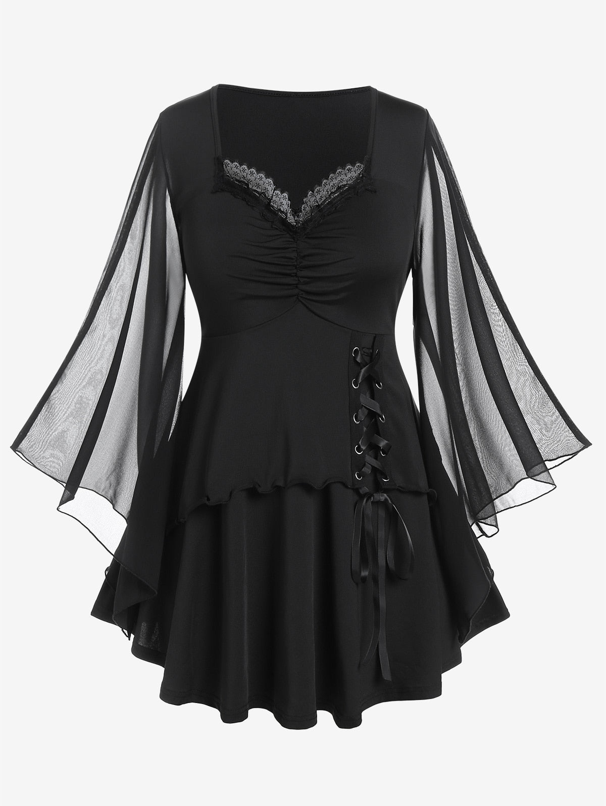 Schwarzes Mesh-Kleid mit Glockenärmeln und herzförmigem Ausschnitt