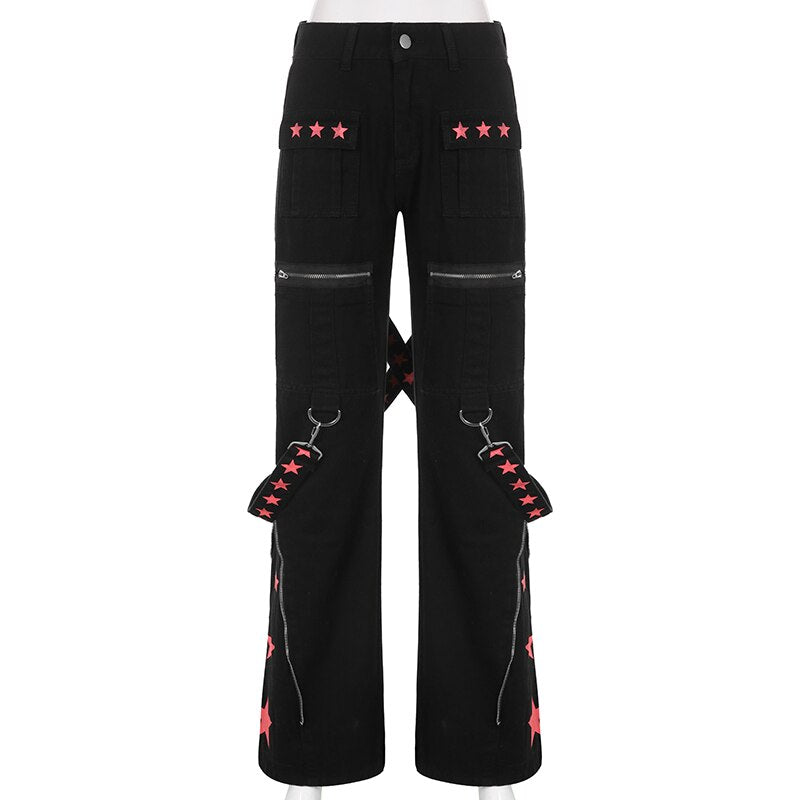 Pantalones de combate utilitarios negros y rojos con correas