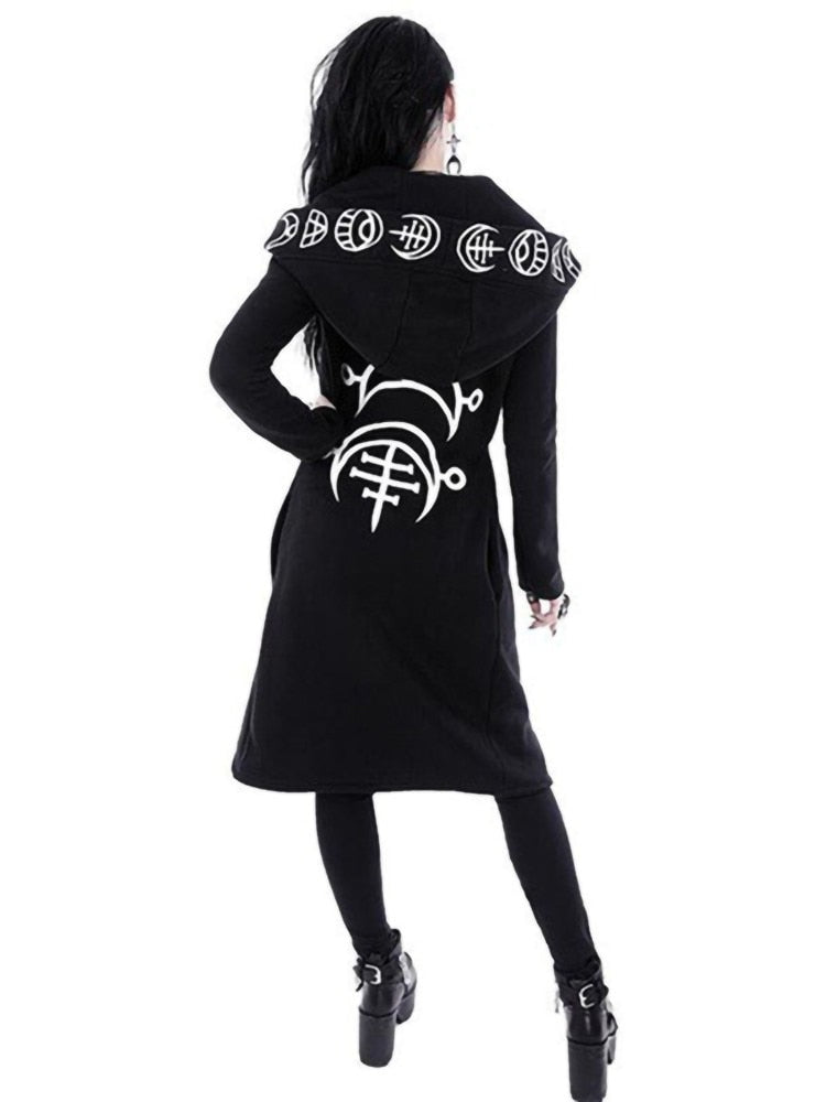 Schwarzer offener Cardigan mit Mondphasen-Kapuze