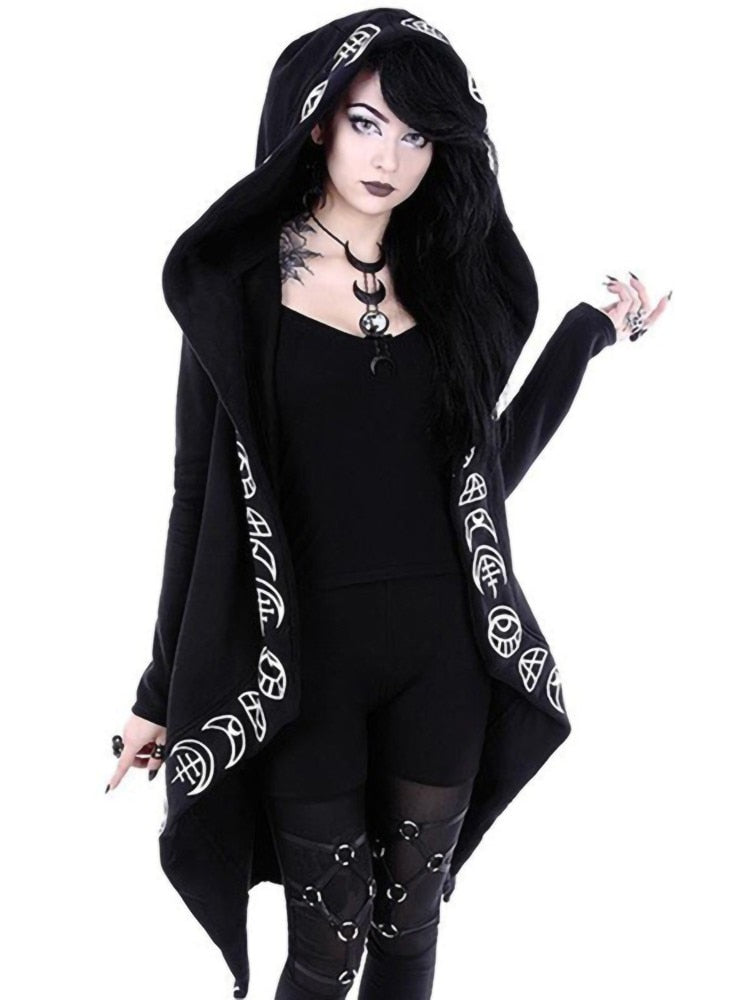 Schwarzer offener Cardigan mit Mondphasen-Kapuze