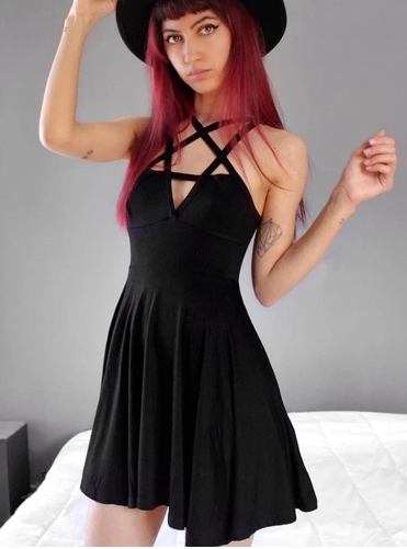 Black Skater Dress With Pentagram Neckline