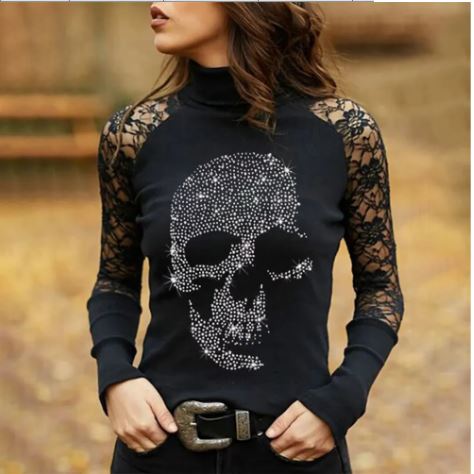 Black Lace Sleeve Crystal Skull Turtleneck Top