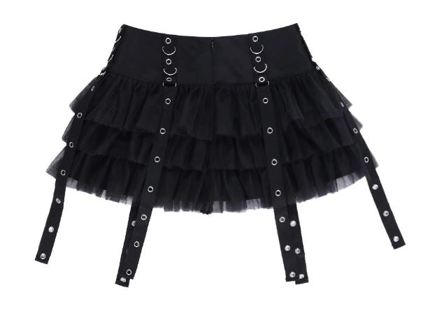 Black Chiffon Layered Gothic Skirt With Straps