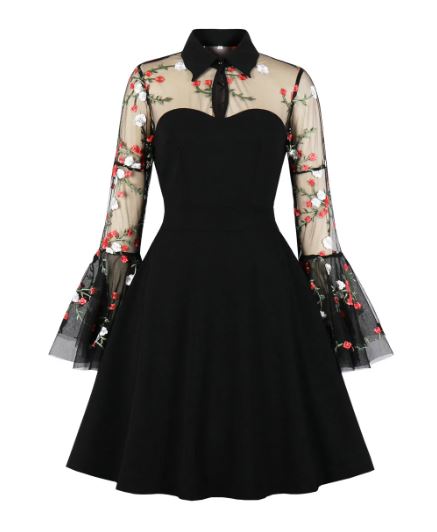 Black Skater Dress With Embroidered Flower Bell Sleeves