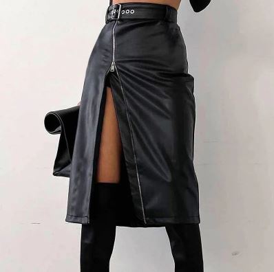 Long Black Faux Leather Full Zip Skirt