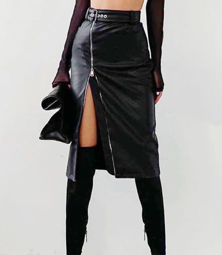 Long Black Faux Leather Full Zip Skirt