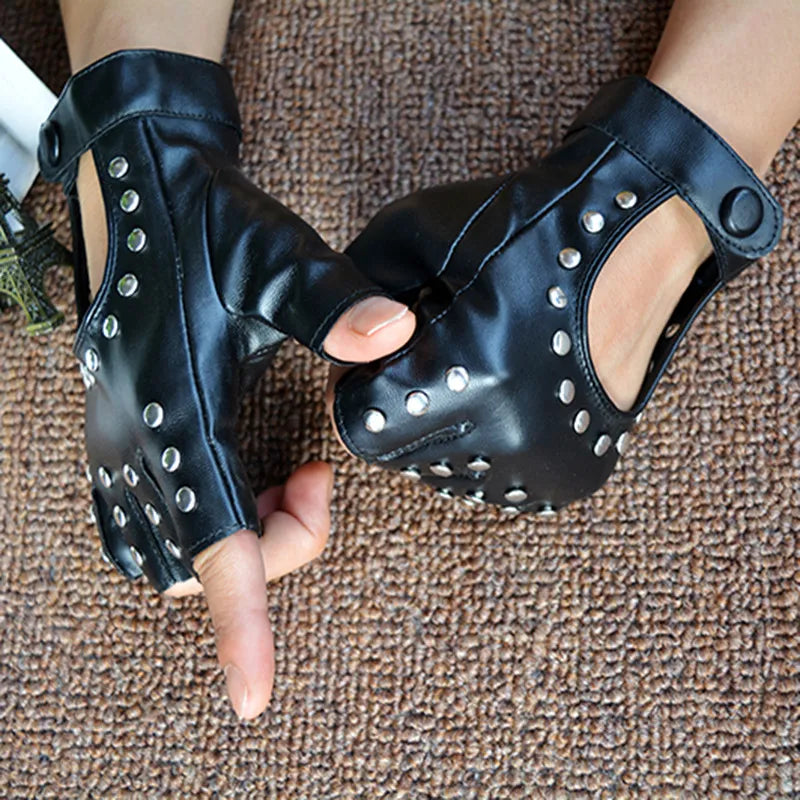 Black PU Leather Studded Fingerless Gloves