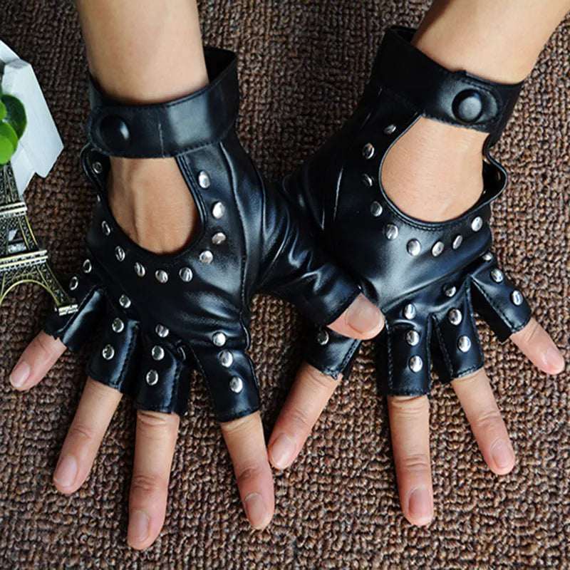 Black PU Leather Studded Fingerless Gloves