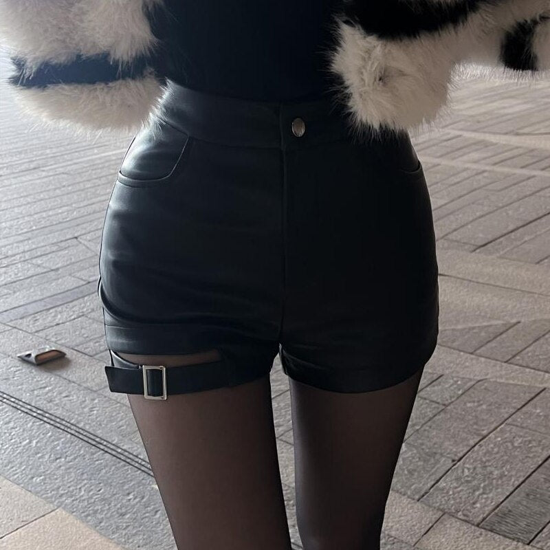 Black PU Shorts With Leg Buckle