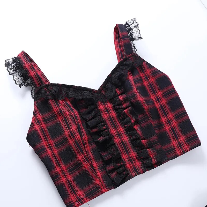 Black & Red Tartan Layered Skirt & Crop Top Set