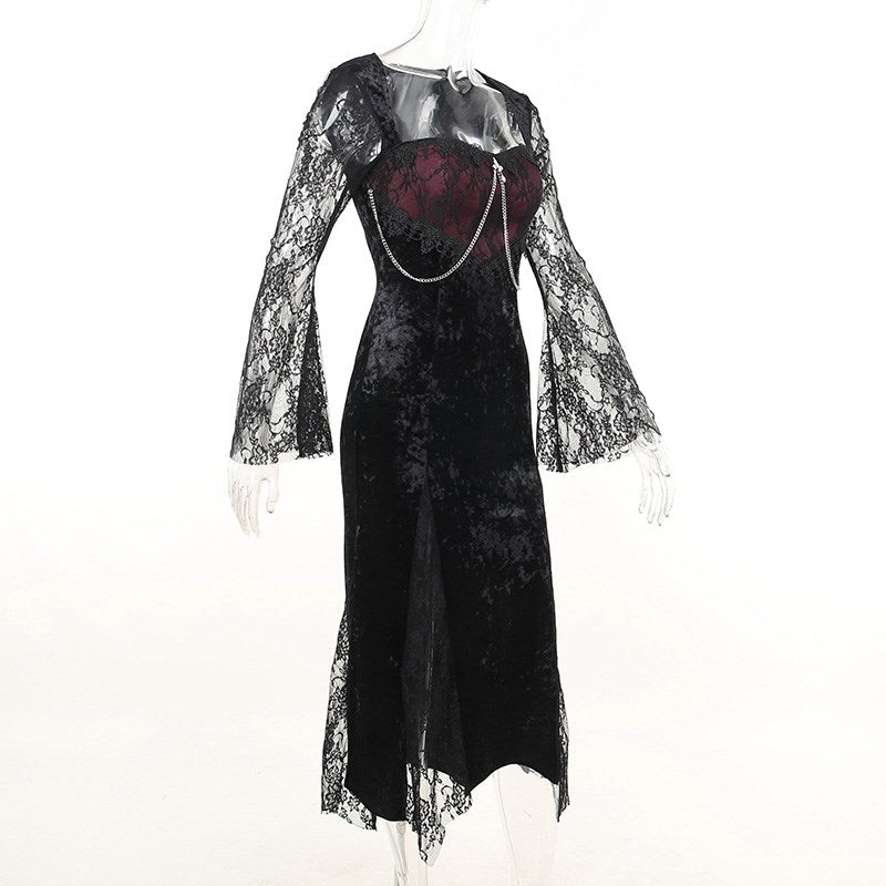 Black Velvet With Red Lace Panel Dress With Silver Chain