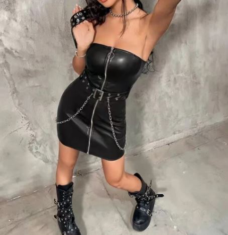 Black PU Strapless Belted Zip Up Dress With Chain Detail