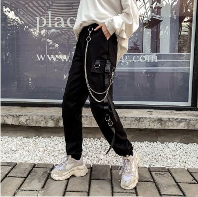 Black Gothic Utility Pants With Silver Chain