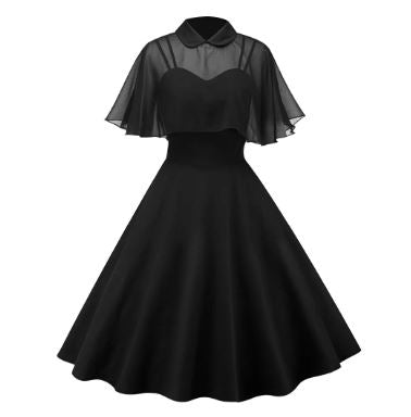 Black Peter Pan Dress With Mesh Cape Overlay