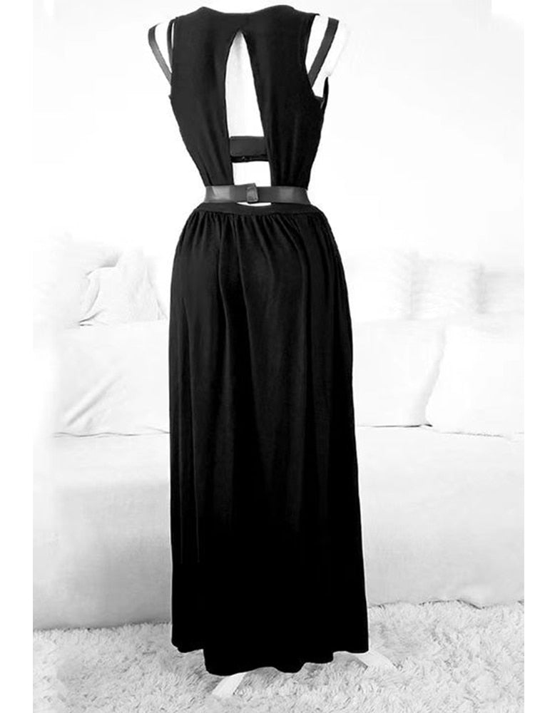 Black Long Mesh Overlay Harness Dress