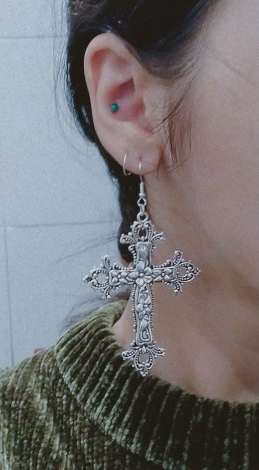 Large Silver Cross Earrings