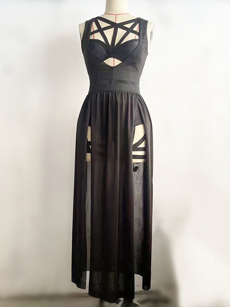 Black Long Mesh Overlay Harness Dress