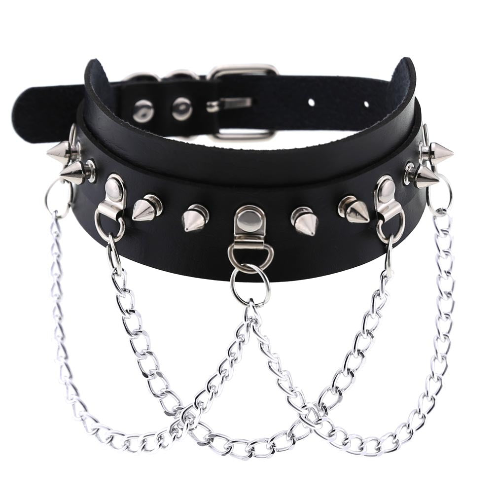 Black Punk Choker With Silver Studs & Chains