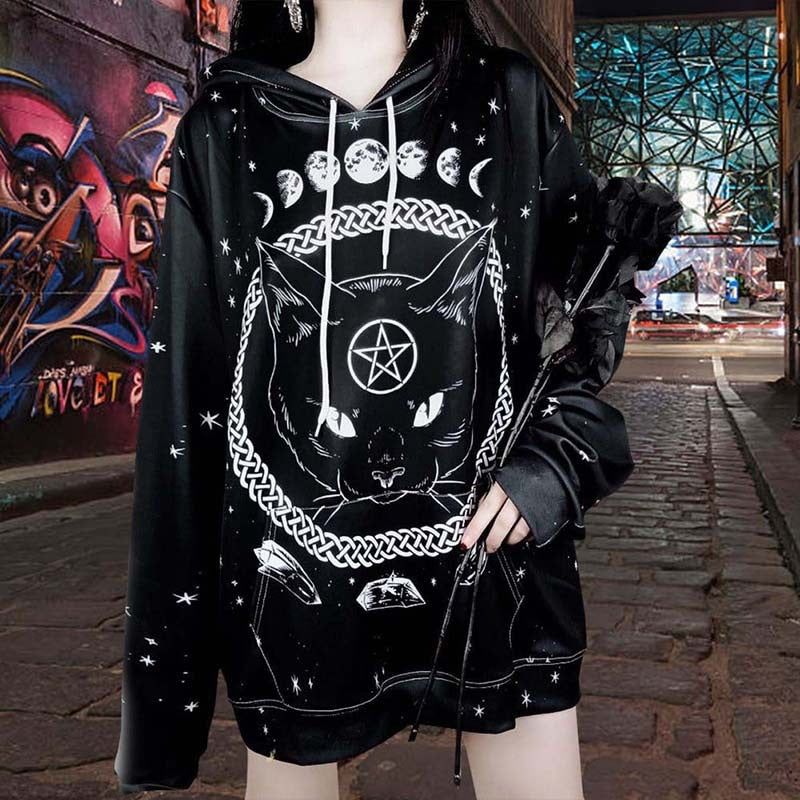 Black Pentagram Cat Moon Phases Hooded Sweater