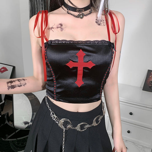 Black Satin Top With Red Celtic Cross