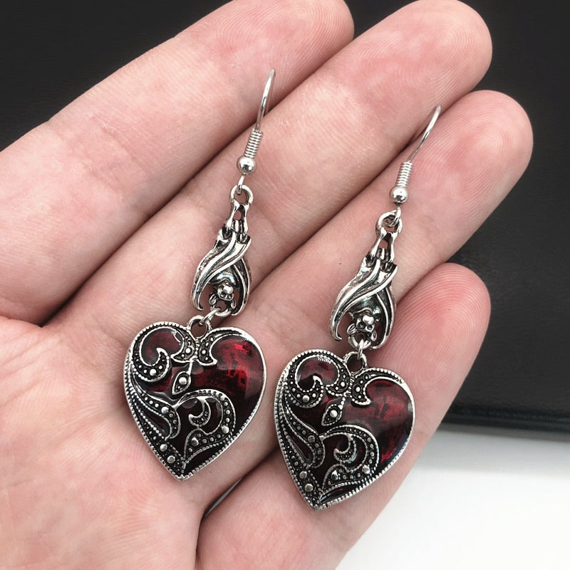 Silver Red Love Heart Vintage Style Earrings