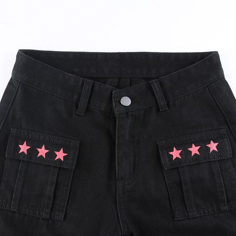 Black Red Star Utility Combat Pants With Straps