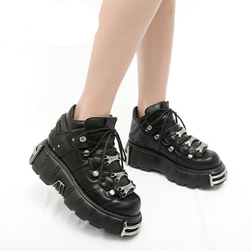 Black Chunky Platform Shoes With Silver Lace Dividers