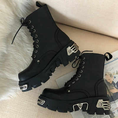 Black Lace Up Ankle Boots With Silver Detailing