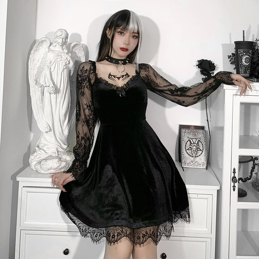 Velvet Lace Sleeve Sweet Heart Neckline Dress