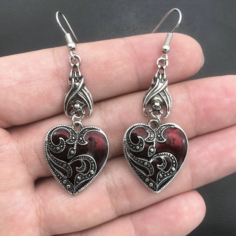 Silver Red Love Heart Vintage Style Earrings