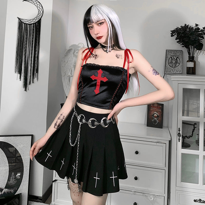 Black Satin Top With Red Celtic Cross