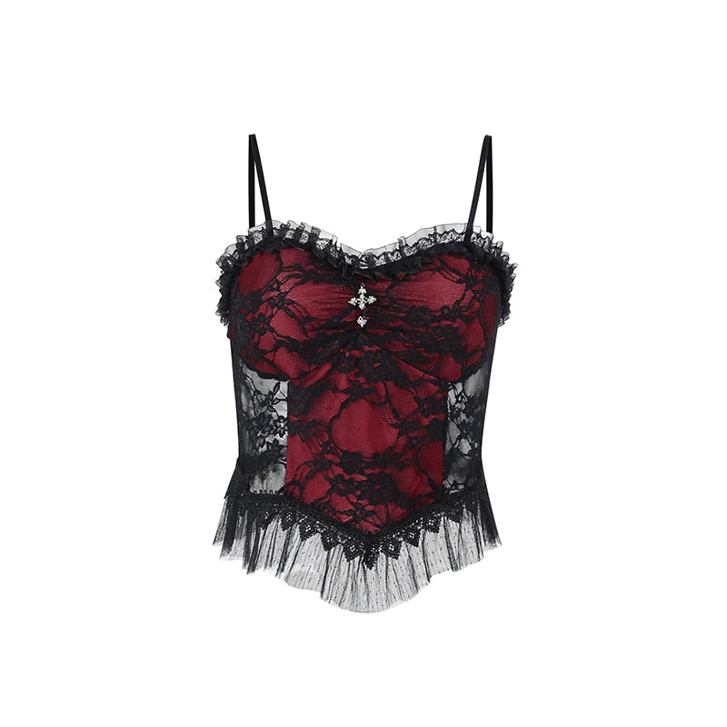 Black & Red Lace Panel Corset Top