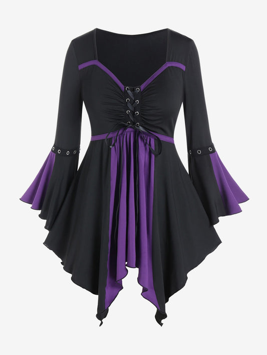 Blusa gótica con mangas acampanadas en negro y morado