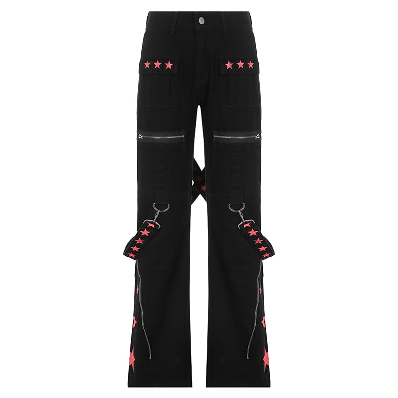 Black Red Star Utility Combat Pants With Straps
