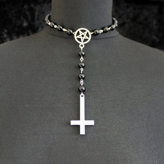 Silver Inverted Cross Pentagram Choker