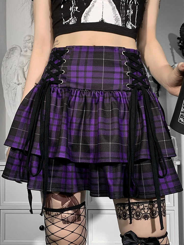 Black & Purple Plaid Print Layered Rara Skirt