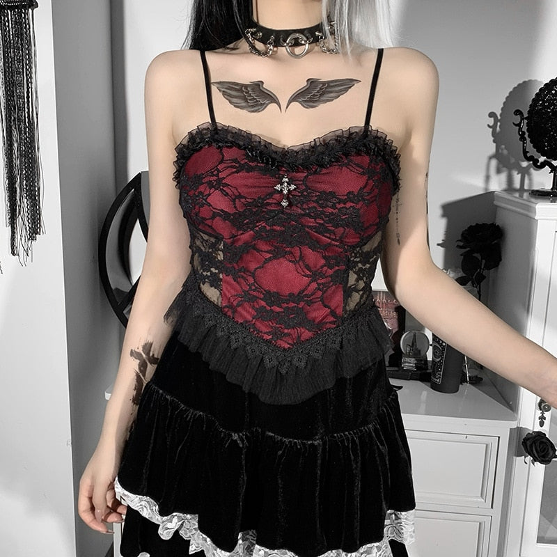 Black & Red Lace Panel Corset Top