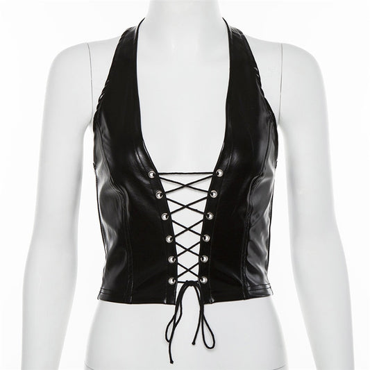 Top halter con cordones de PU negro