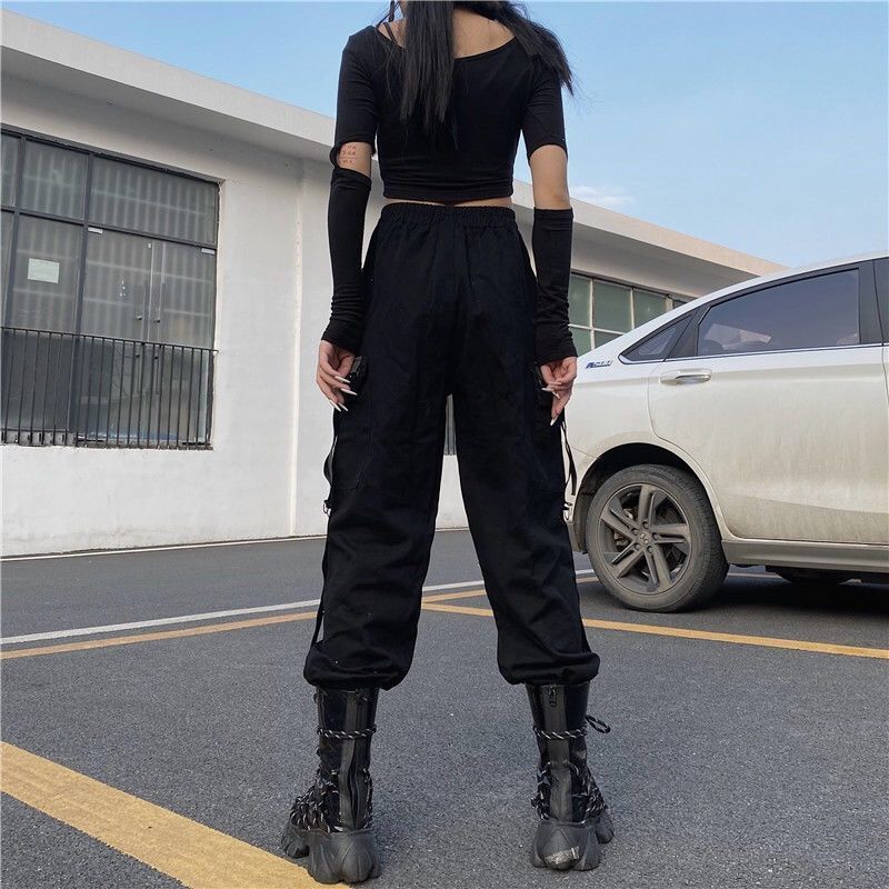 Black Gothic Utility Pants With Silver Chain