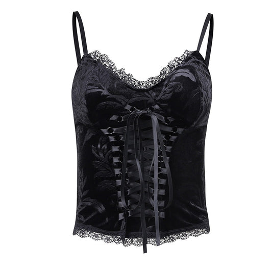 Black Velvet Brocade Print Lace Up Top